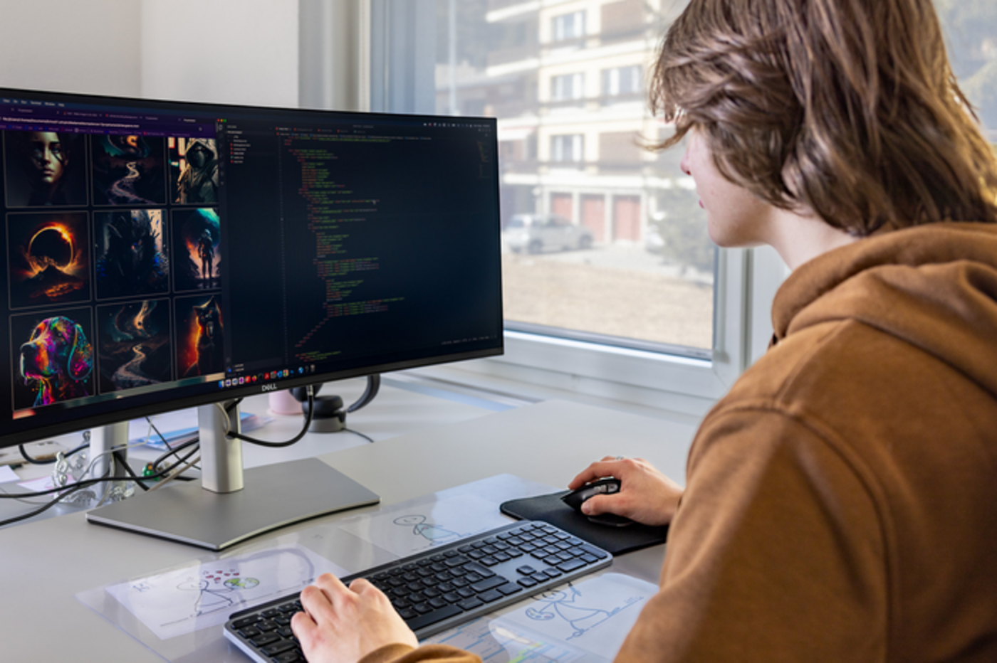 Fotografie eines Lehrlings, welcher vor dem PC-Monitor sitzt und mittels Künstlicher Intelligenz verschiedene Bilder generiert.