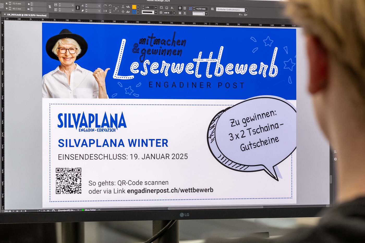 Nahaufnahme eines Monitors, welcher eine Layout-Arbeit zeigt.